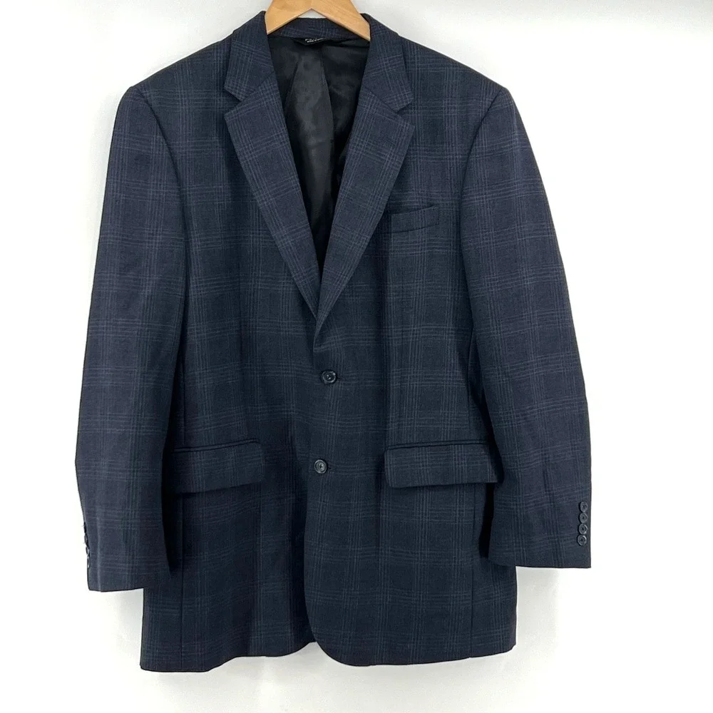 Jos A Bank Blazer Mens 42L Blue Wool Glen Check Plaid Sport Coat Jacket 2 Button